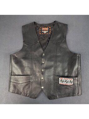 Interstate Leather Vest Mens Large Black Biker Snap Front Lined Pockets BLEMS